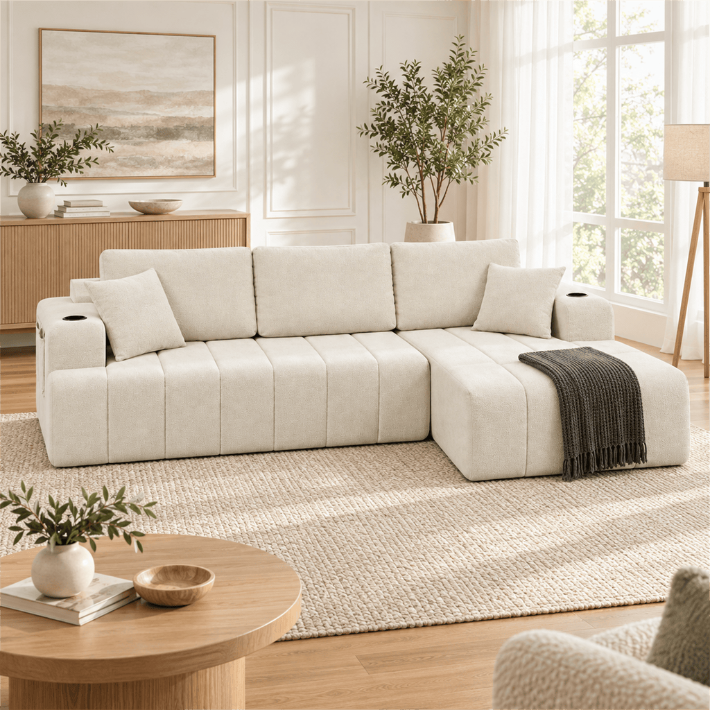 108-Inch L-Shaped Chenille Cloud Sectional Sofa with Chaise, No Assembly, Beige