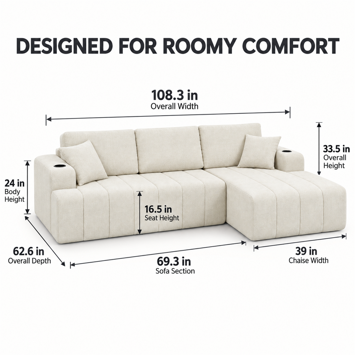108-Inch L-Shaped Chenille Cloud Sectional Sofa with Chaise, No Assembly, Beige