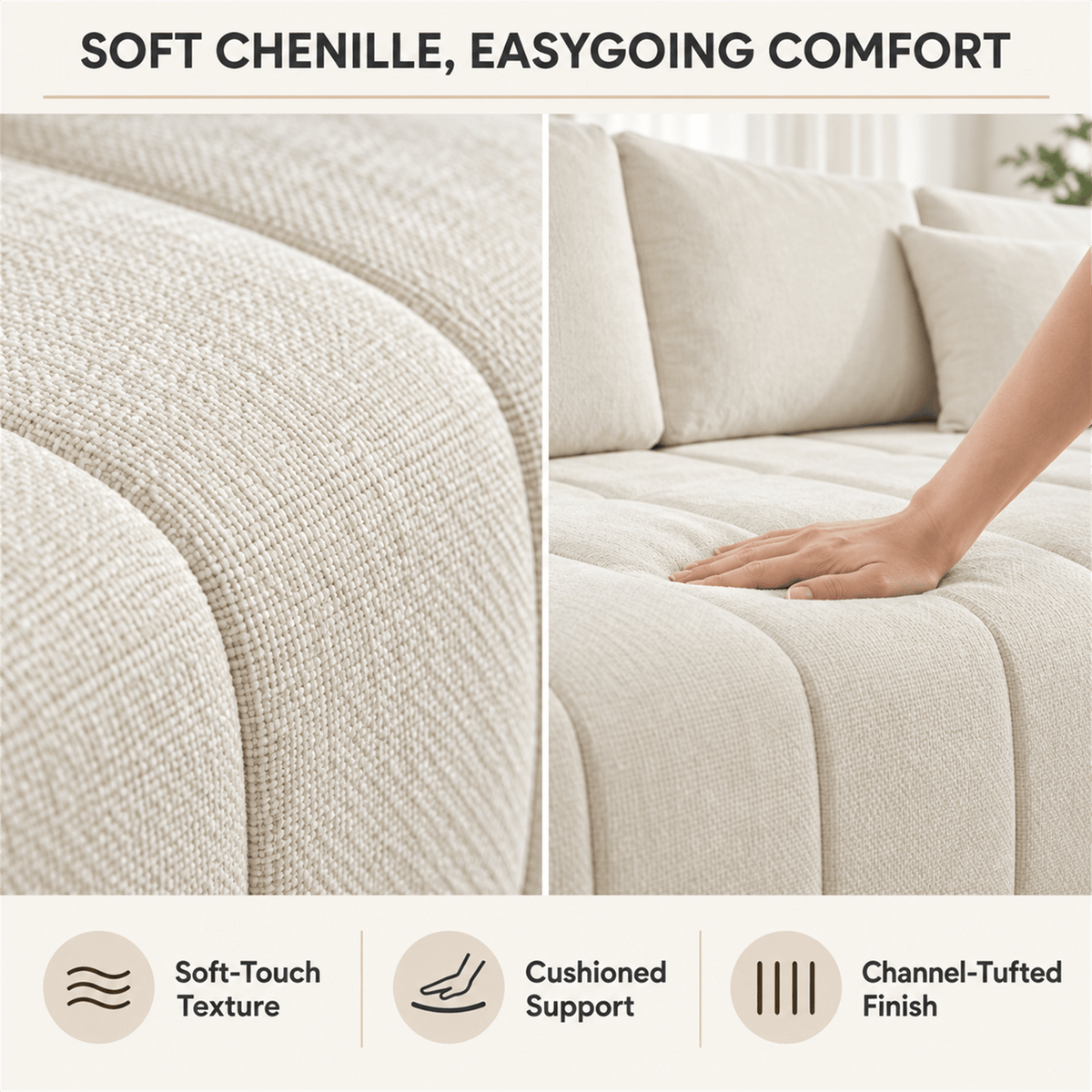 108-Inch L-Shaped Chenille Cloud Sectional Sofa with Chaise, No Assembly, Beige