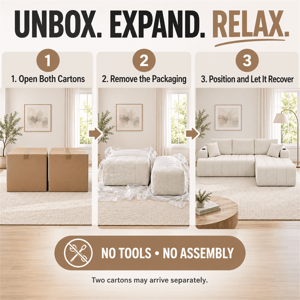108-Inch L-Shaped Chenille Cloud Sectional Sofa with Chaise, No Assembly, Beige