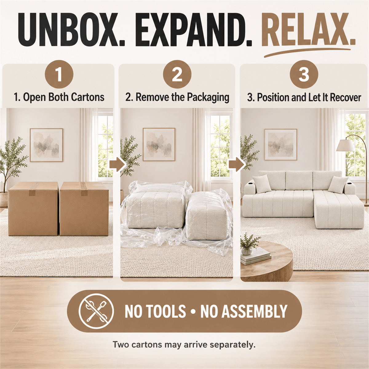 108-Inch L-Shaped Chenille Cloud Sectional Sofa with Chaise, No Assembly, Beige