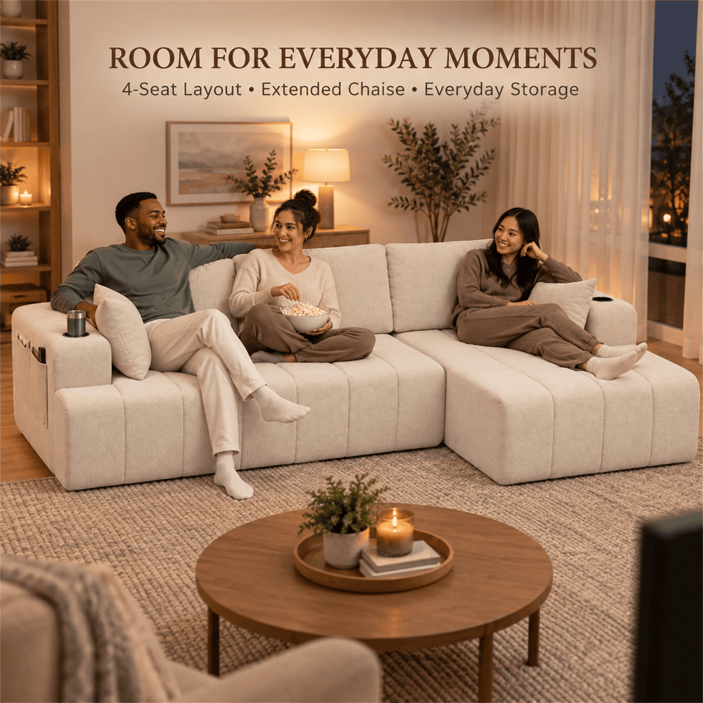 108-Inch L-Shaped Chenille Cloud Sectional Sofa with Chaise, No Assembly, Beige