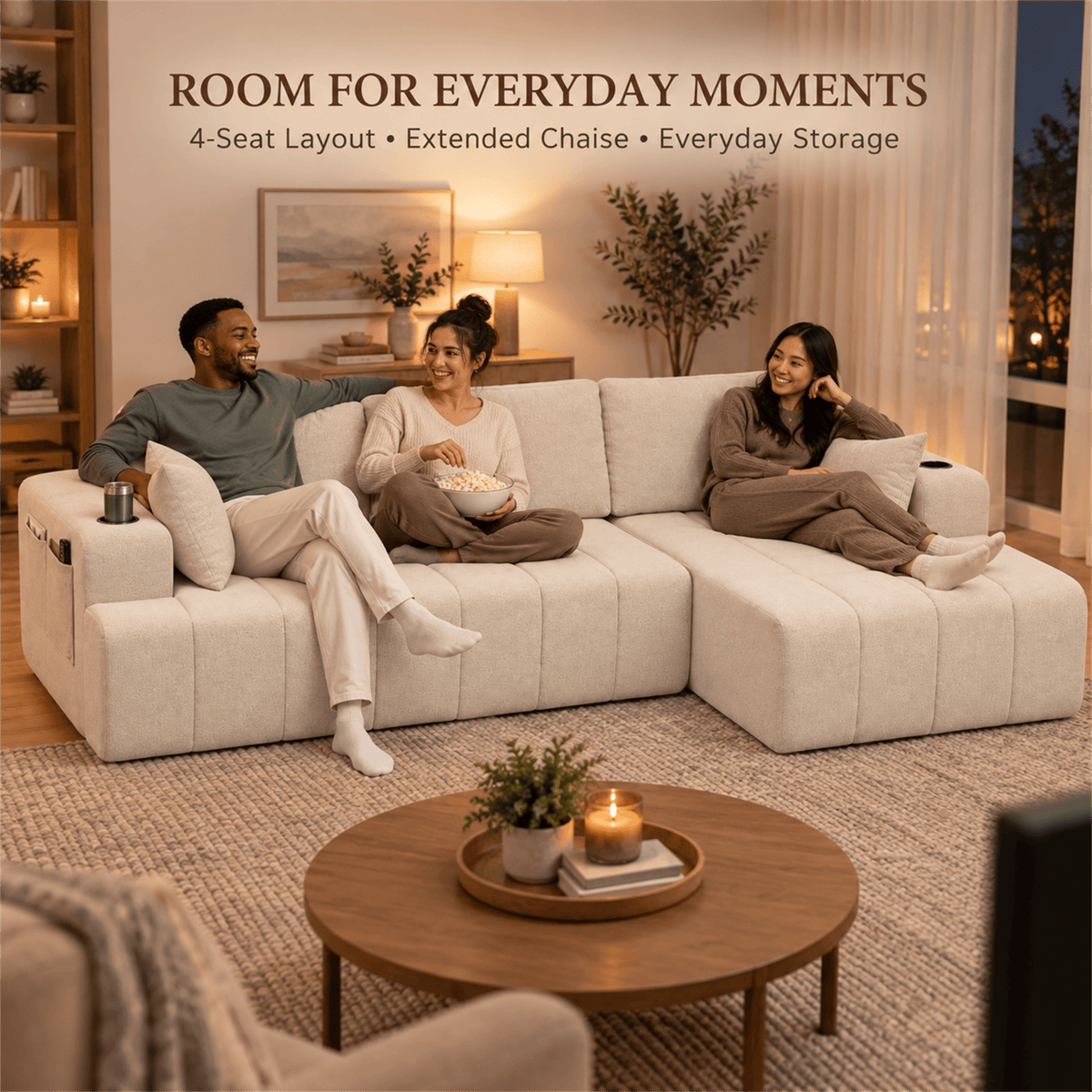 108-Inch L-Shaped Chenille Cloud Sectional Sofa with Chaise, No Assembly, Beige