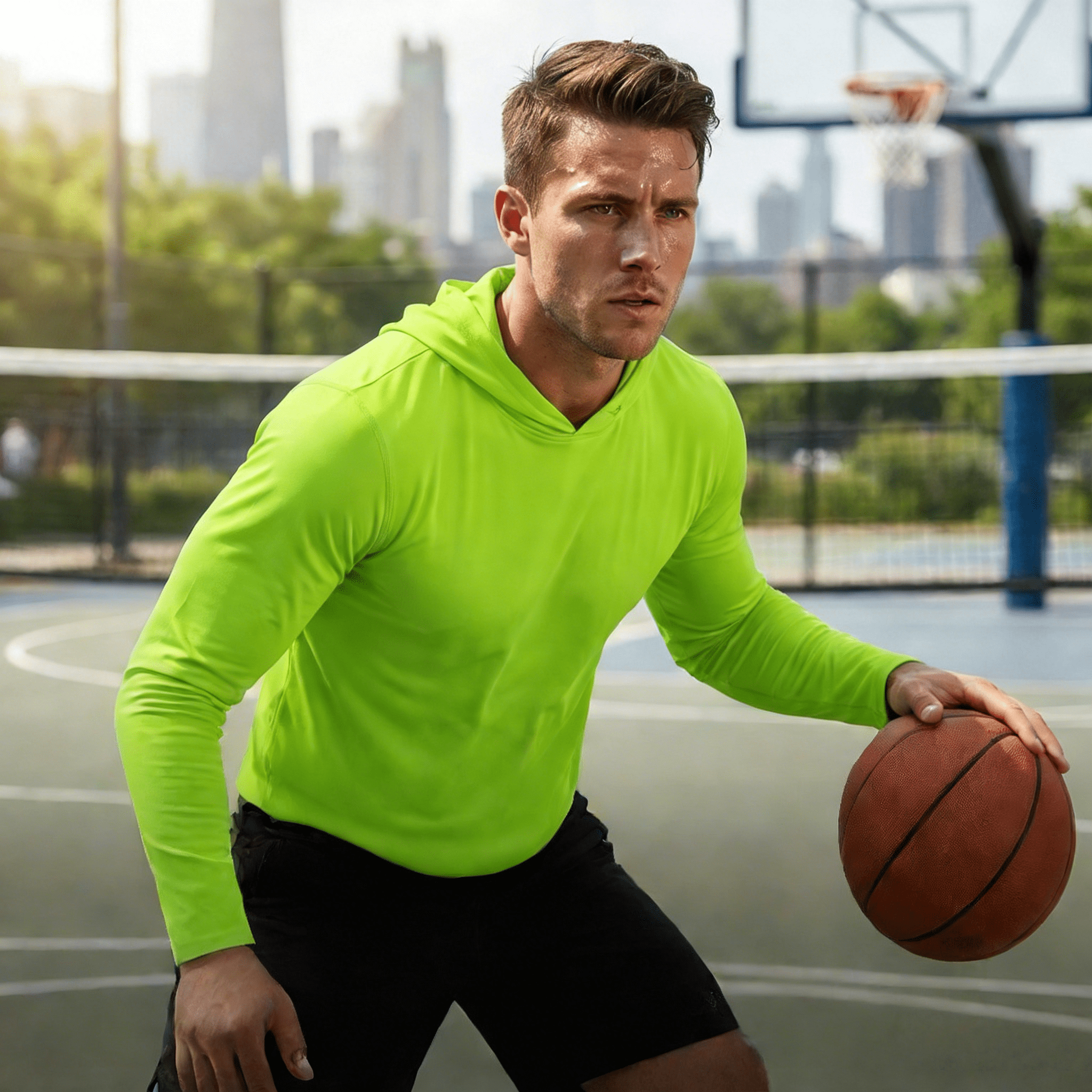 ZBORIBER Men's Hooded T-shirt, Moisture-wicking,Quick-drying,Highlighter Green,Sizes S-3XL