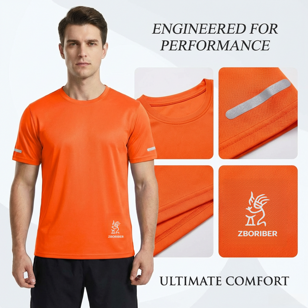 ZBORIBER Men's Short-sleeved T-shirt, Quick-drying, Moisture-wicking, Sweat-wicking, with Reflective Stripes and Reflective Logo,3-Pack
