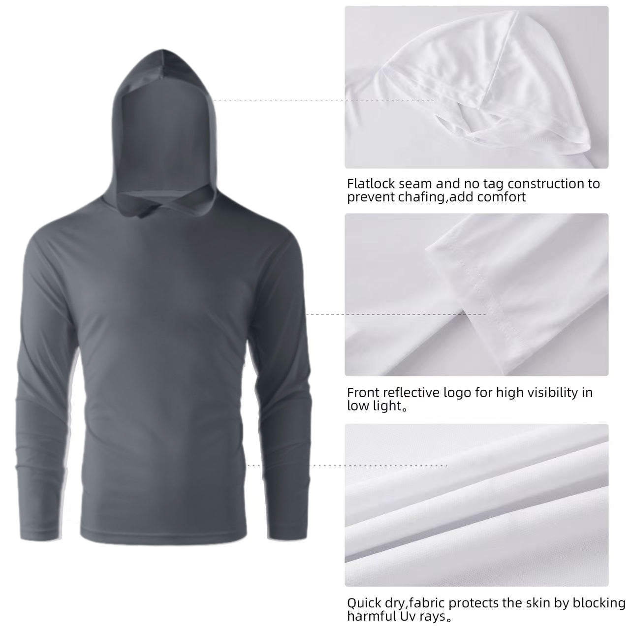 ZBORIBER Men's Hooded T-shirt, Moisture-Wicking,Quick-Drying,Titanium,Sizes S-3XL