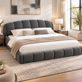 King Size Chenille Upholstered Platform Bed Frame, Curved Headboard & Wrapped Footboard, Low Profile Bed, Wood Slats, No Box Spring Needed, Dark Gray