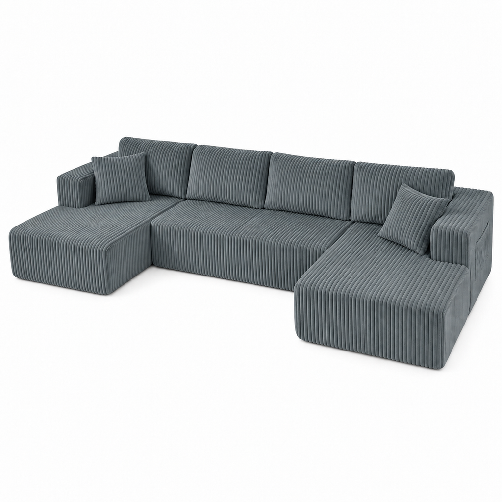 132.5" U-Shaped Modular Corduroy Sectional Sofa, 6-Seater Memory Foam Cloud Couch with Side Pockets, No Assembly, Charcoal Gray
