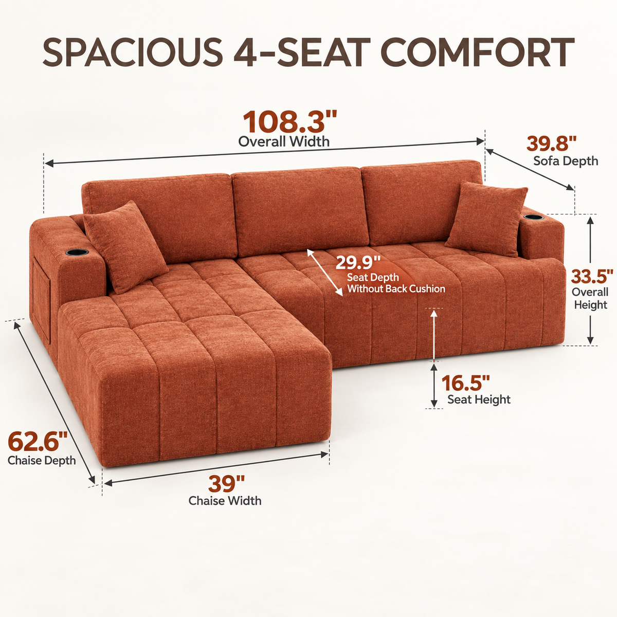 108-Inch L-Shaped Chenille Cloud Sectional Sofa with Chaise, No Assembly, Orange