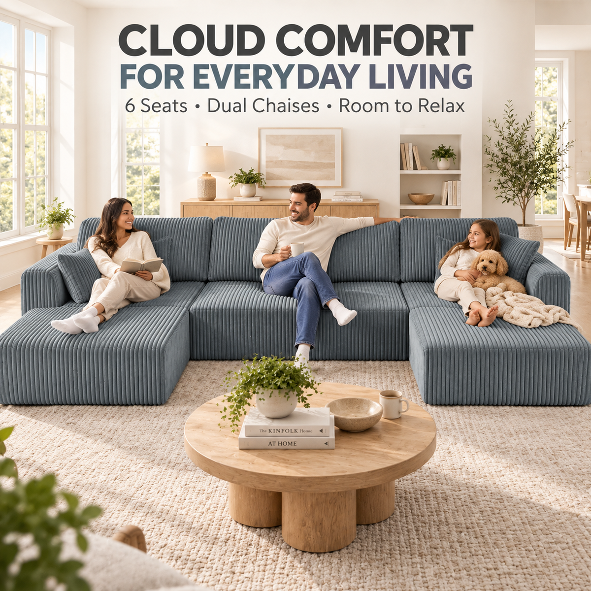 132.5" U-Shaped Modular Corduroy Sectional Sofa, 6-Seater Memory Foam Cloud Couch with Side Pockets, No Assembly, Charcoal Gray