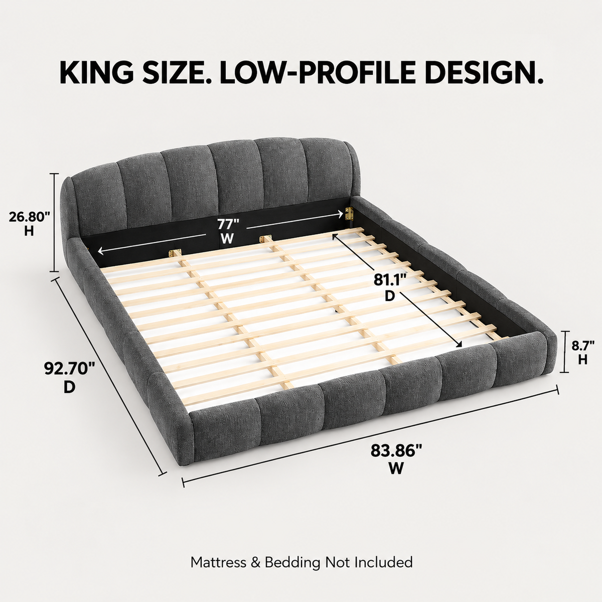 King Size Chenille Upholstered Platform Bed Frame, Curved Headboard & Wrapped Footboard, Low Profile Bed, Wood Slats, No Box Spring Needed, Dark Gray