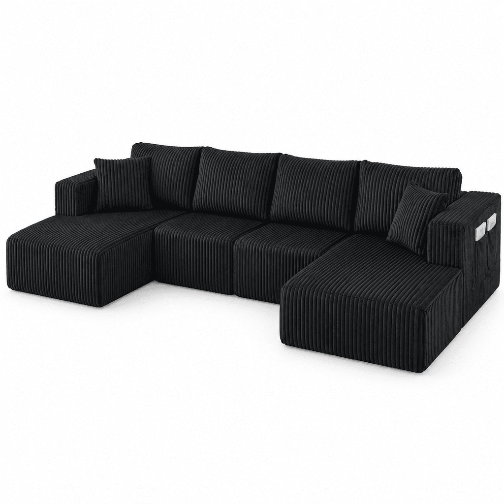 132.5" U Shaped Boneless Modular Sectional Sofa, Oversized Corduroy Couch with Double Chaise, Deep Seats & Side Pockets, No Assembly Compression Sofa for Living Room, Black