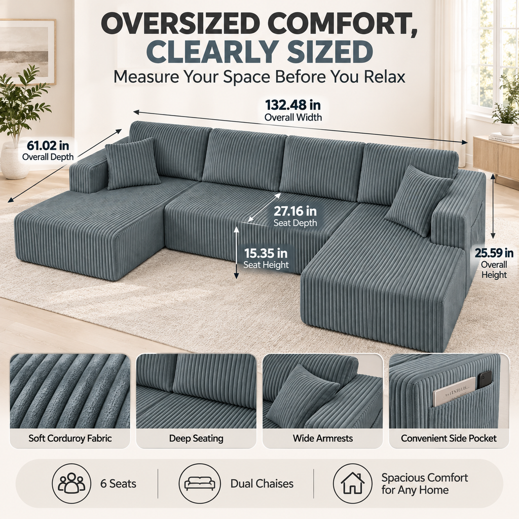 132.5" U-Shaped Modular Corduroy Sectional Sofa, 6-Seater Memory Foam Cloud Couch with Side Pockets, No Assembly, Charcoal Gray