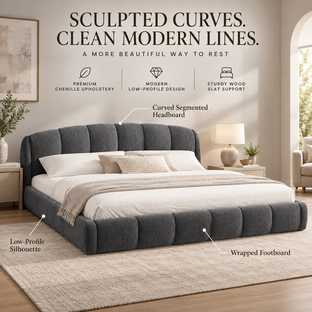 King Size Chenille Upholstered Platform Bed Frame, Curved Headboard & Wrapped Footboard, Low Profile Bed, Wood Slats, No Box Spring Needed, Dark Gray