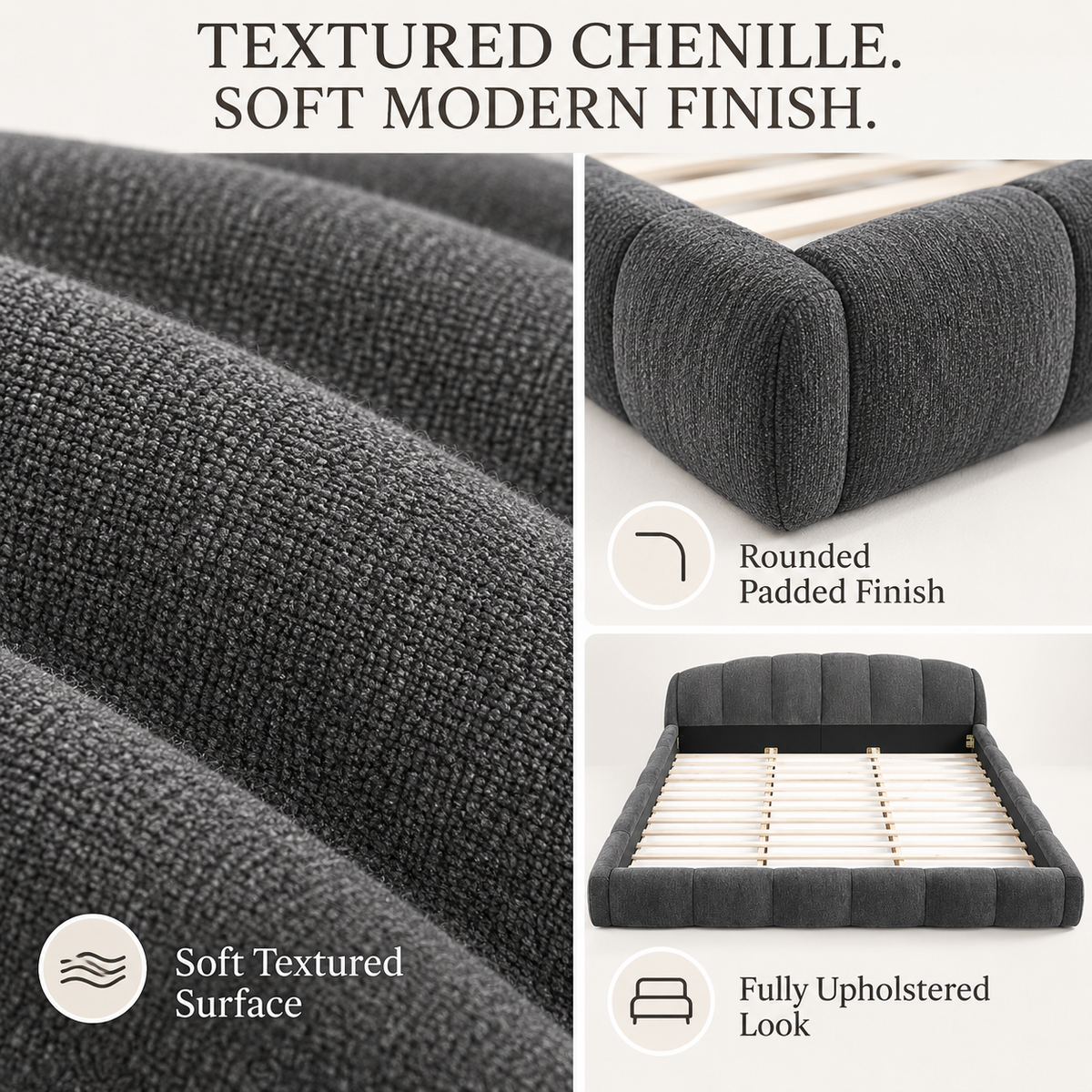King Size Chenille Upholstered Platform Bed Frame, Curved Headboard & Wrapped Footboard, Low Profile Bed, Wood Slats, No Box Spring Needed, Dark Gray