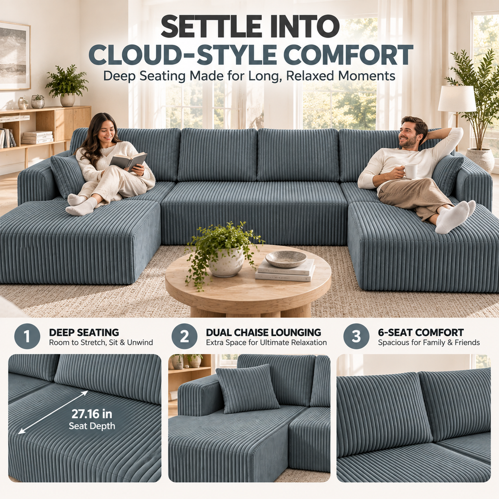 132.5" U-Shaped Modular Corduroy Sectional Sofa, 6-Seater Memory Foam Cloud Couch with Side Pockets, No Assembly, Charcoal Gray