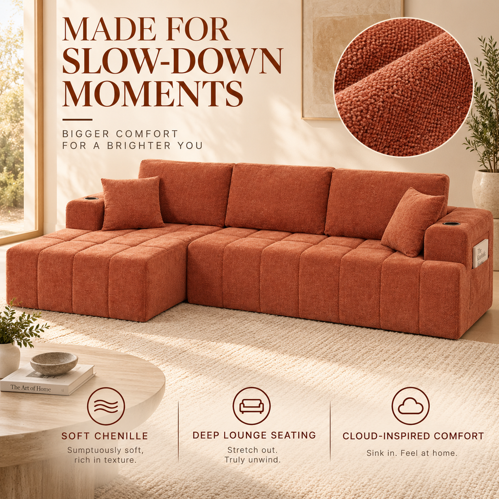 108-Inch L-Shaped Chenille Cloud Sectional Sofa with Chaise, No Assembly, Orange