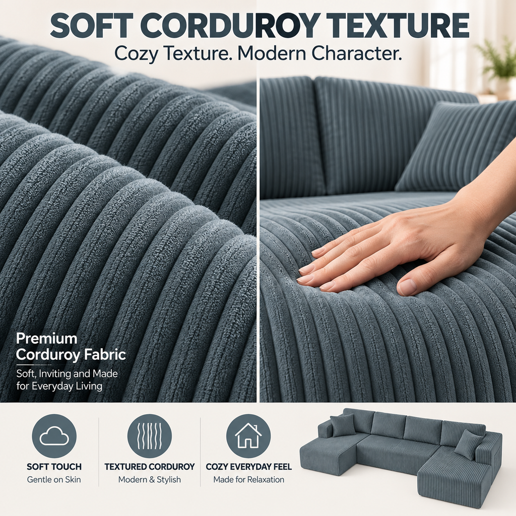 132.5" U-Shaped Modular Corduroy Sectional Sofa, 6-Seater Memory Foam Cloud Couch with Side Pockets, No Assembly, Charcoal Gray