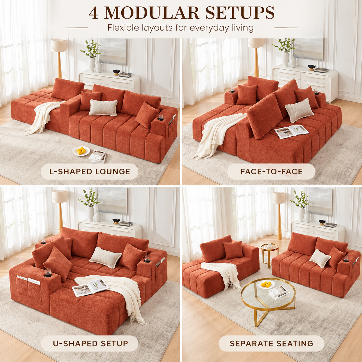 108-Inch L-Shaped Chenille Cloud Sectional Sofa with Chaise, No Assembly, Orange
