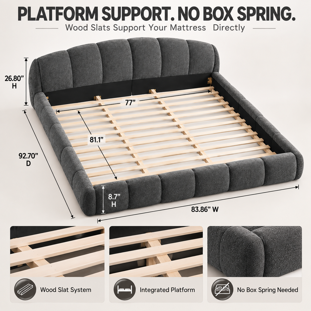King Size Chenille Upholstered Platform Bed Frame, Curved Headboard & Wrapped Footboard, Low Profile Bed, Wood Slats, No Box Spring Needed, Dark Gray