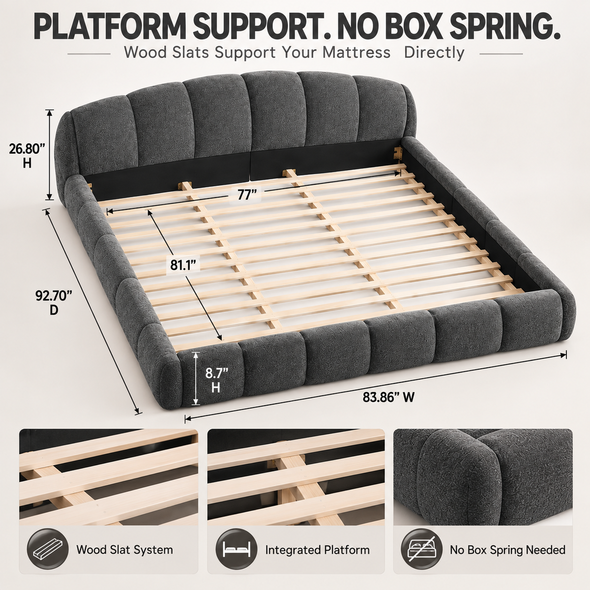King Size Chenille Upholstered Platform Bed Frame, Curved Headboard & Wrapped Footboard, Low Profile Bed, Wood Slats, No Box Spring Needed, Dark Gray