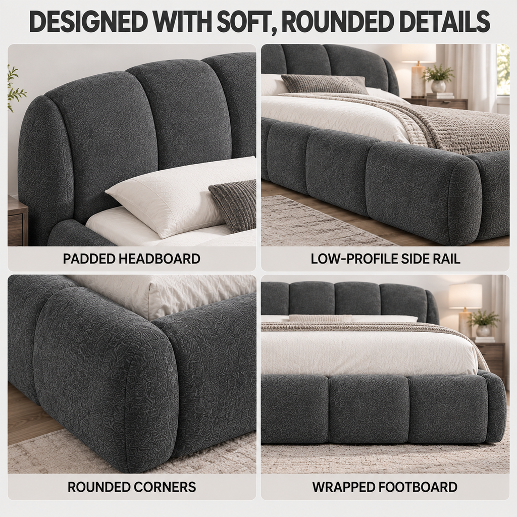 King Size Chenille Upholstered Platform Bed Frame, Curved Headboard & Wrapped Footboard, Low Profile Bed, Wood Slats, No Box Spring Needed, Dark Gray