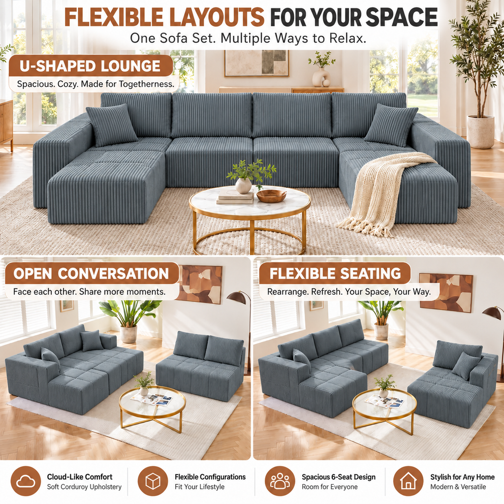 132.5" U-Shaped Modular Corduroy Sectional Sofa, 6-Seater Memory Foam Cloud Couch with Side Pockets, No Assembly, Charcoal Gray