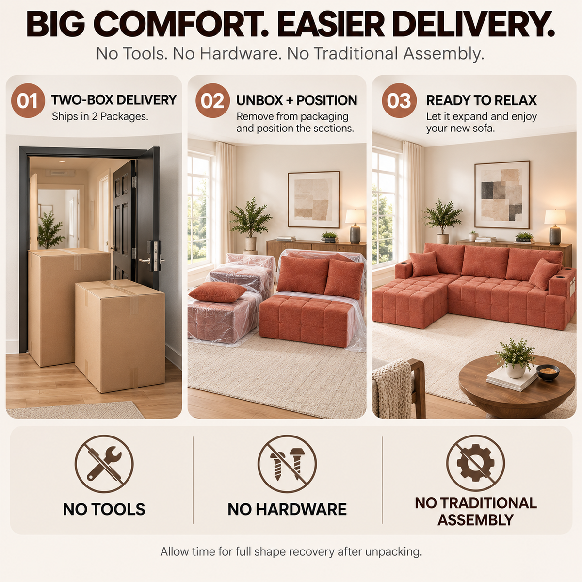 108-Inch L-Shaped Chenille Cloud Sectional Sofa with Chaise, No Assembly, Orange