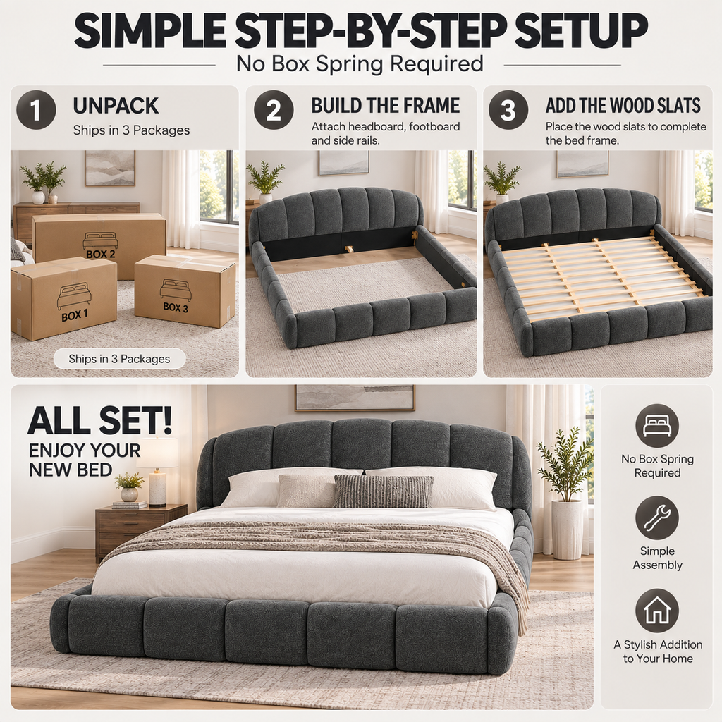 King Size Chenille Upholstered Platform Bed Frame, Curved Headboard & Wrapped Footboard, Low Profile Bed, Wood Slats, No Box Spring Needed, Dark Gray