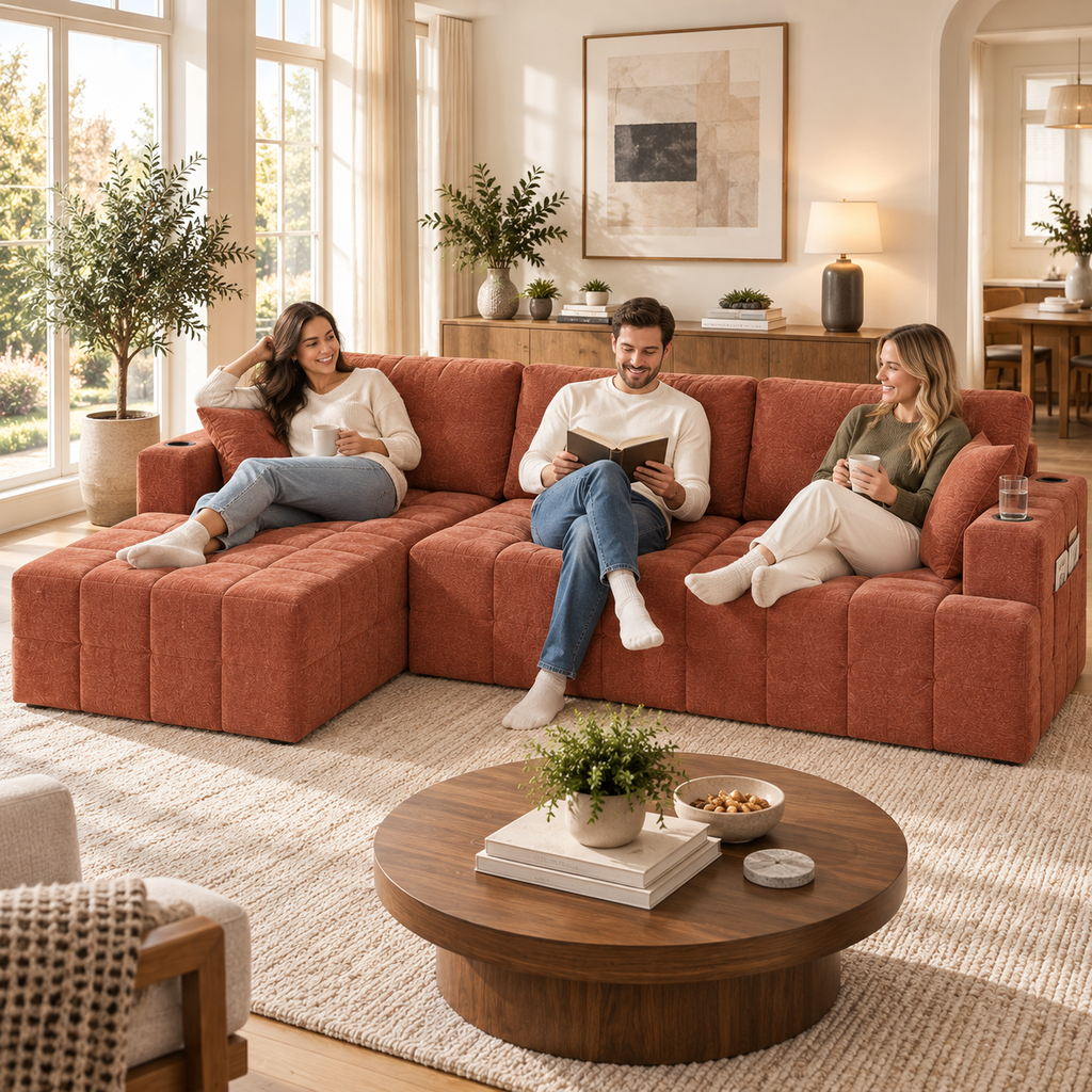 108-Inch L-Shaped Chenille Cloud Sectional Sofa with Chaise, No Assembly, Orange