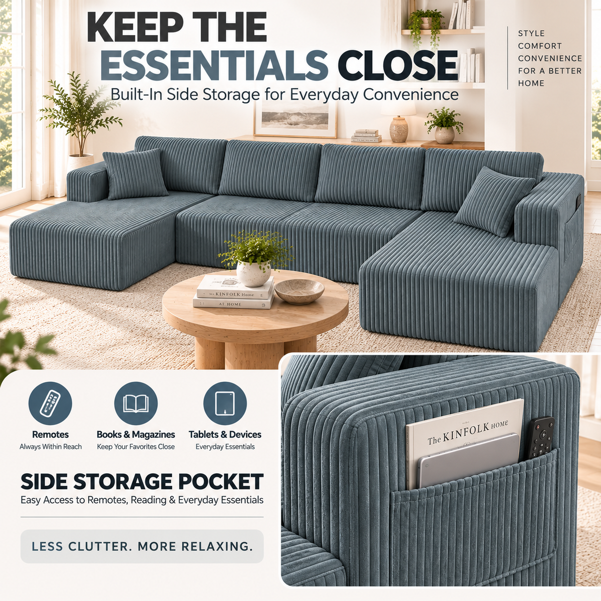 132.5" U-Shaped Modular Corduroy Sectional Sofa, 6-Seater Memory Foam Cloud Couch with Side Pockets, No Assembly, Charcoal Gray