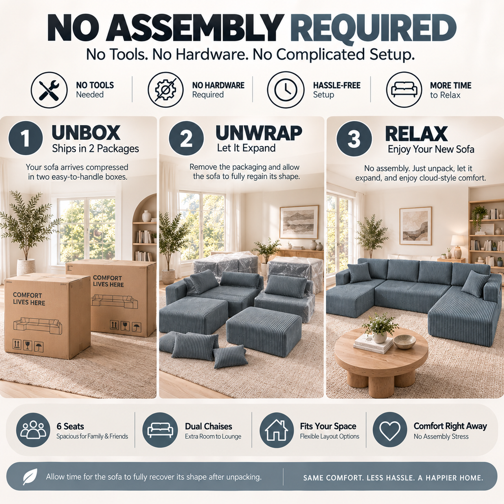 132.5" U-Shaped Modular Corduroy Sectional Sofa, 6-Seater Memory Foam Cloud Couch with Side Pockets, No Assembly, Charcoal Gray