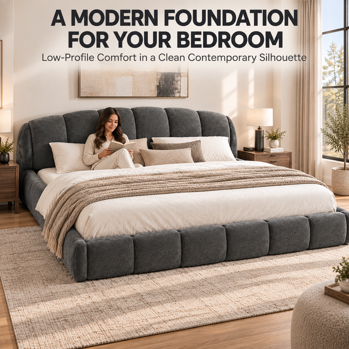 King Size Chenille Upholstered Platform Bed Frame, Curved Headboard & Wrapped Footboard, Low Profile Bed, Wood Slats, No Box Spring Needed, Dark Gray