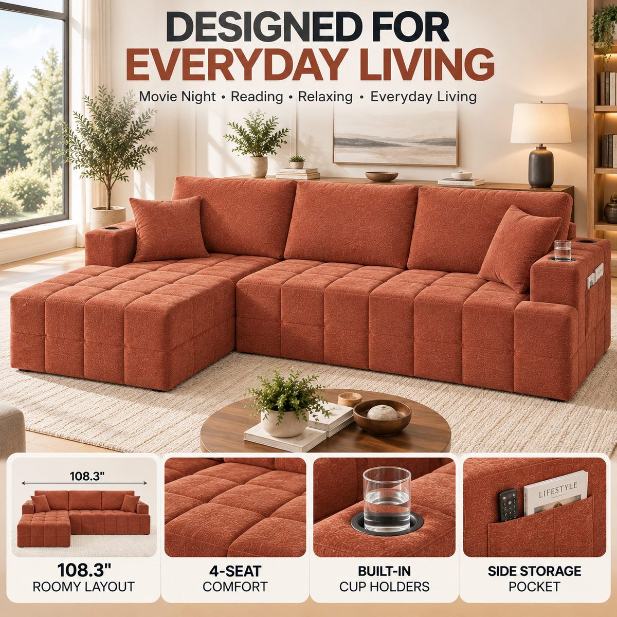 108-Inch L-Shaped Chenille Cloud Sectional Sofa with Chaise, No Assembly, Orange