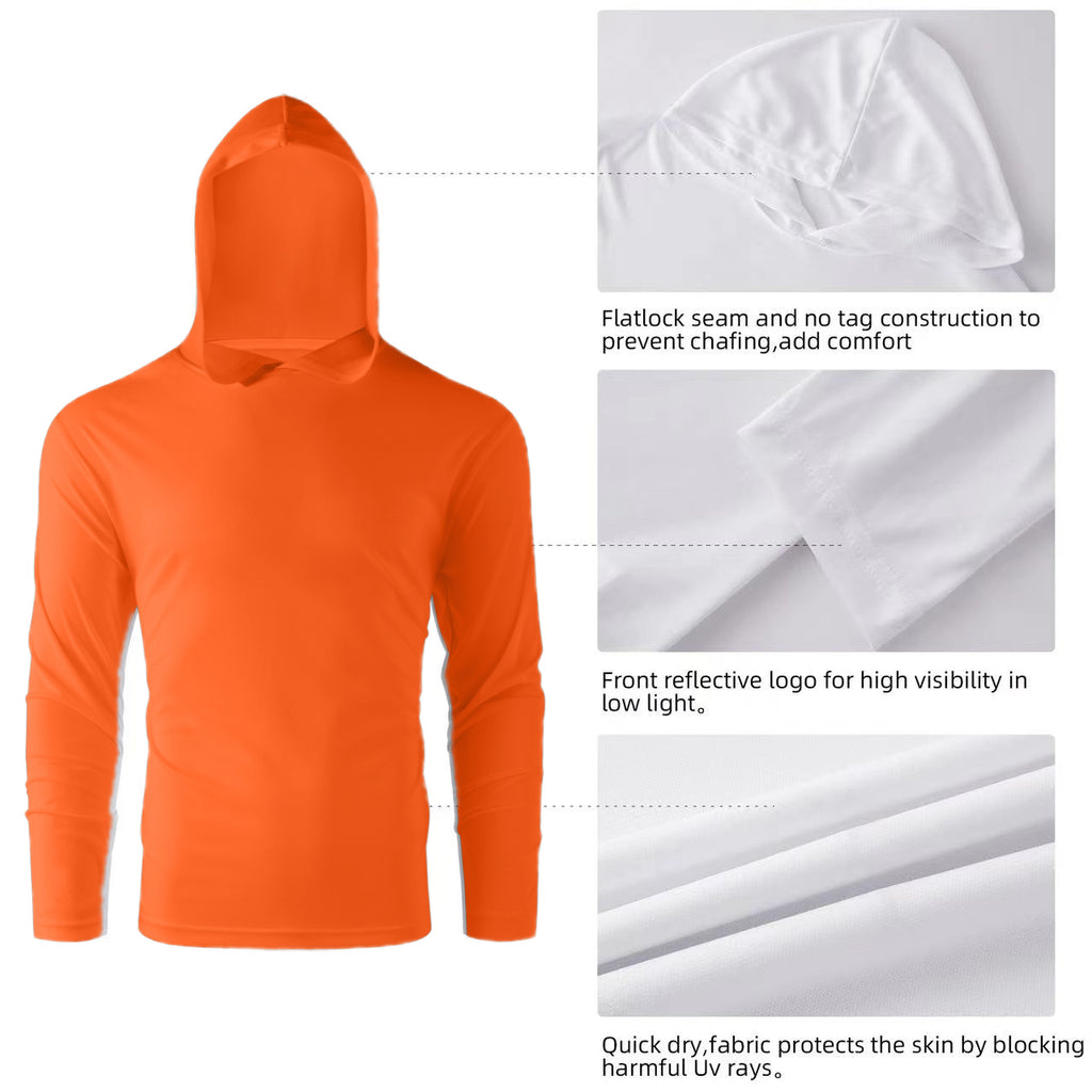 ZBORIBER Men's Hooded T-shirt,Moisture-Wicking,Quick-Drying,Neon Orange, Sizes S-3XL