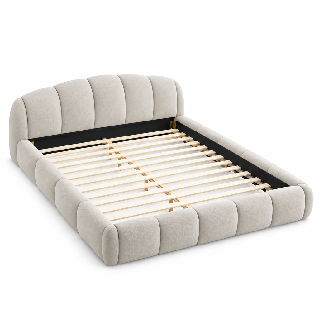 Queen Chenille Upholstered Platform Bed Frame, Curved Headboard, Beige