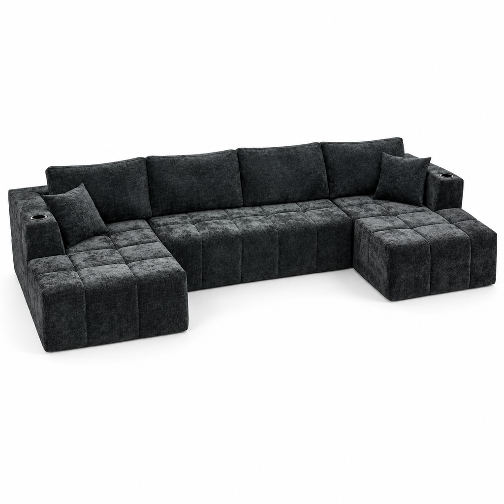132.5" U-Shaped Chenille Sectional Sofa, 6-Seater Cloud Couch with Dual Chaises, Cup Holders & Side Pockets, No Assembly, Black