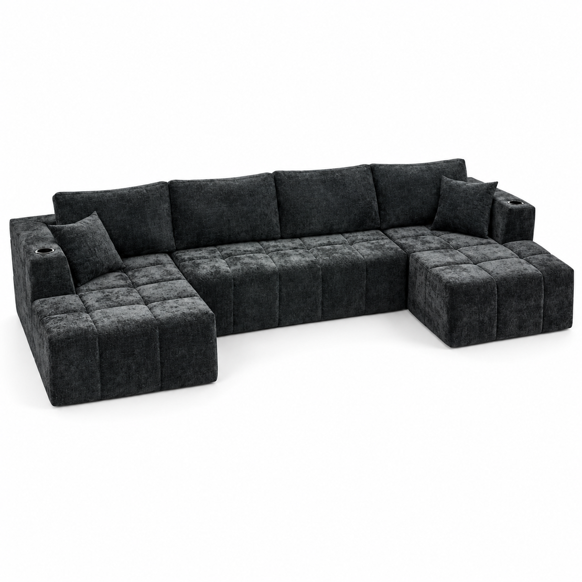 132.5" U-Shaped Chenille Sectional Sofa, 6-Seater Cloud Couch with Dual Chaises, Cup Holders & Side Pockets, No Assembly, Black