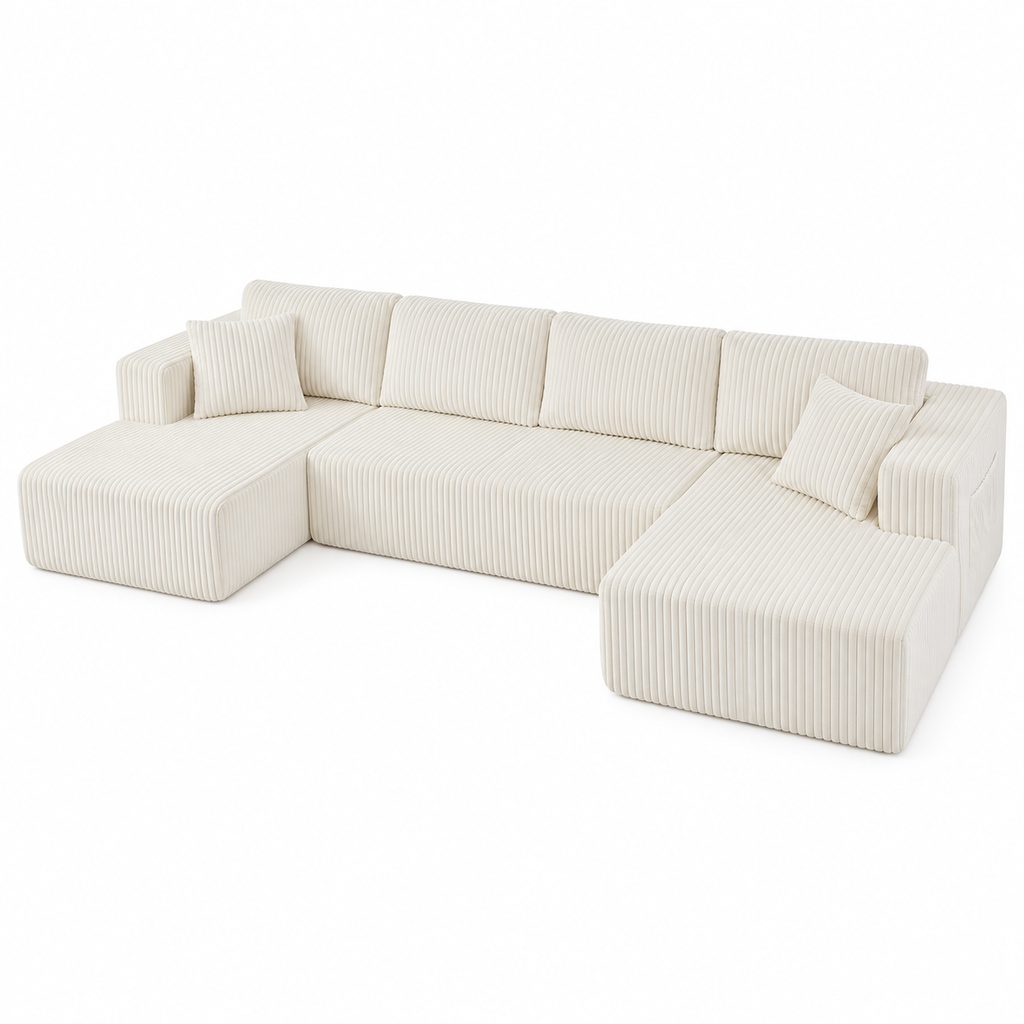 132.5" U-Shaped Modular Corduroy Sectional Sofa, 6-Seater Memory Foam Cloud Couch with Side Pockets, No Assembly, Beige