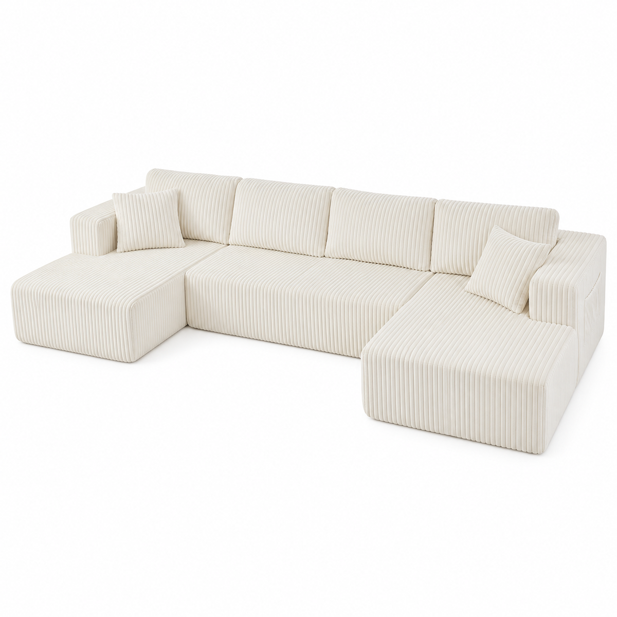 132.5" U-Shaped Modular Corduroy Sectional Sofa, 6-Seater Memory Foam Cloud Couch with Side Pockets, No Assembly, Beige
