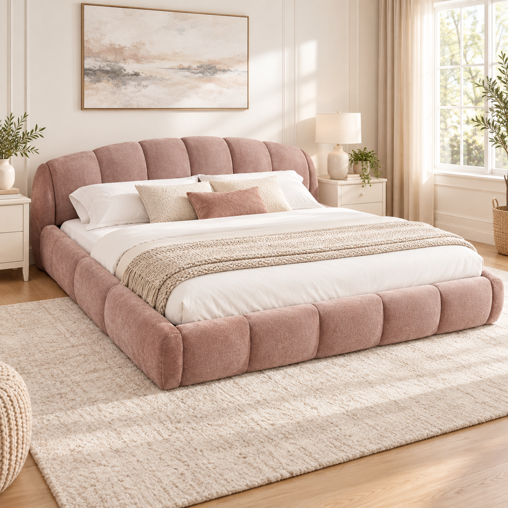 King Size Chenille Upholstered Platform Bed Frame, Curved Headboard & Wrapped Footboard, Low Profile Bed, Wood Slats, No Box Spring Needed, Pink