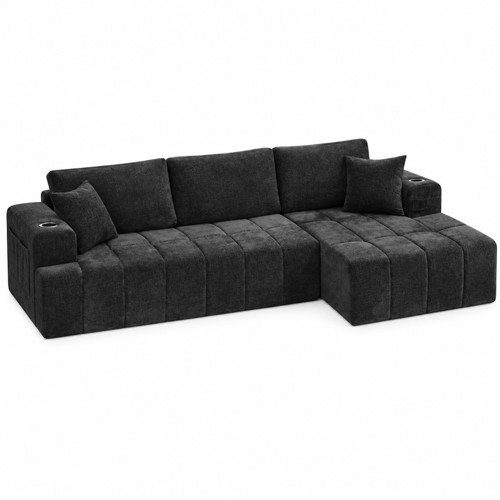 108.3" L-Shaped Chenille Sectional Sofa with Chaise, Cup Holders & Side Pockets, No Assembly, Black