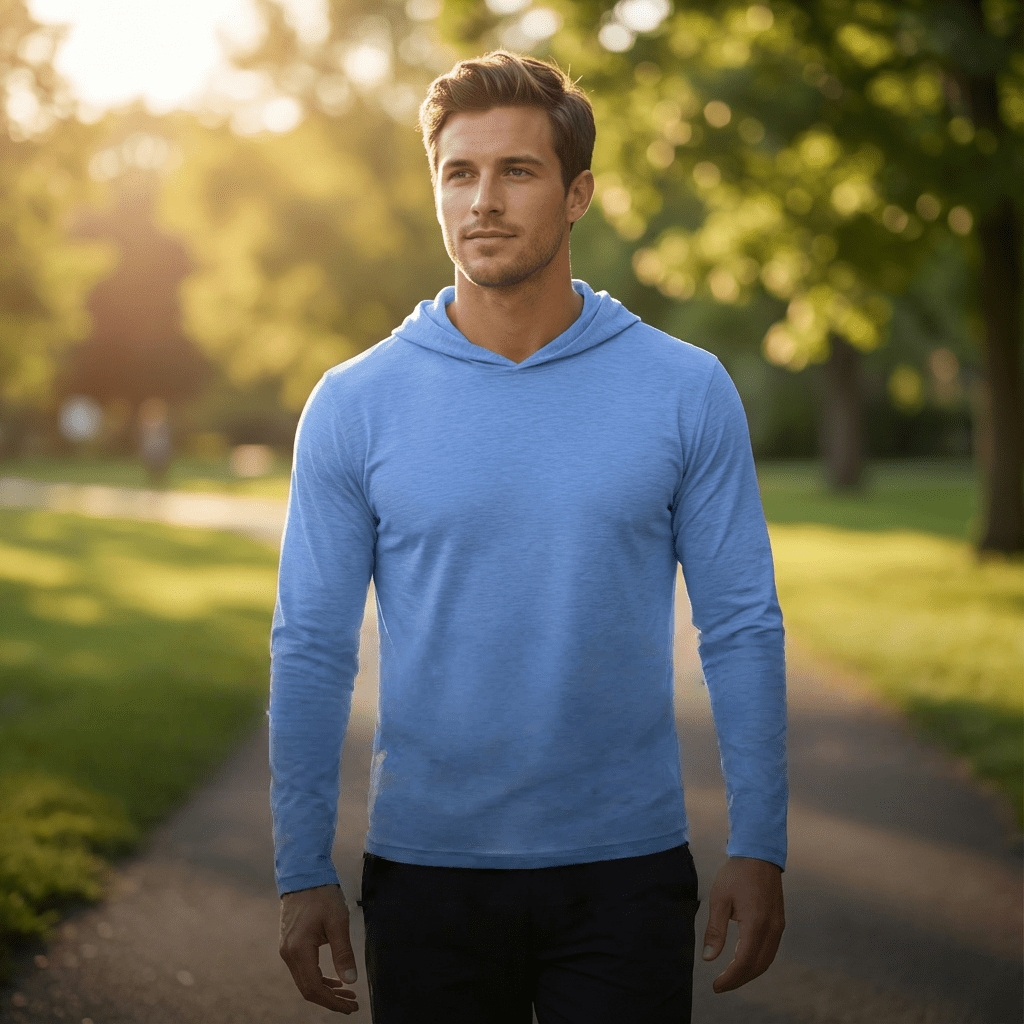 ZBORIBER Men's Hooded T-shirt, Moisture-wicking,Quick-drying,Highlighter Chambray,Sizes S-3XL