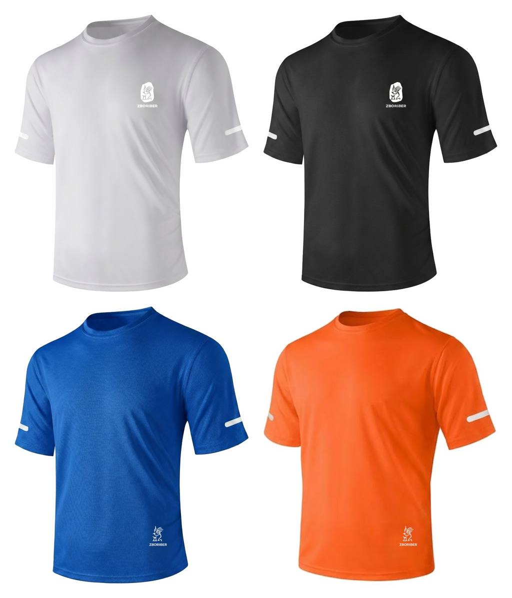 ZBORIBER Men's Short-sleeved T-shirt, Quick-drying, Moisture-wicking, Sweat-wicking, with Reflective Stripes and Reflective Logo,4-Pack
