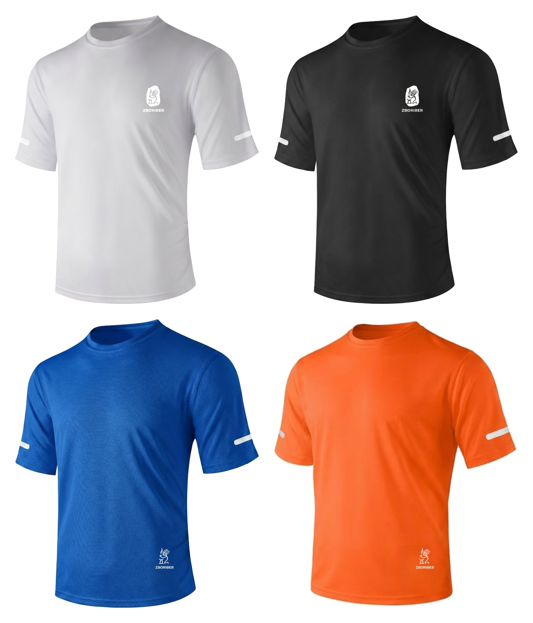 ZBORIBER Men's Short-sleeved T-shirt, Quick-drying, Moisture-wicking, Sweat-wicking, with Reflective Stripes and Reflective Logo,4-Pack