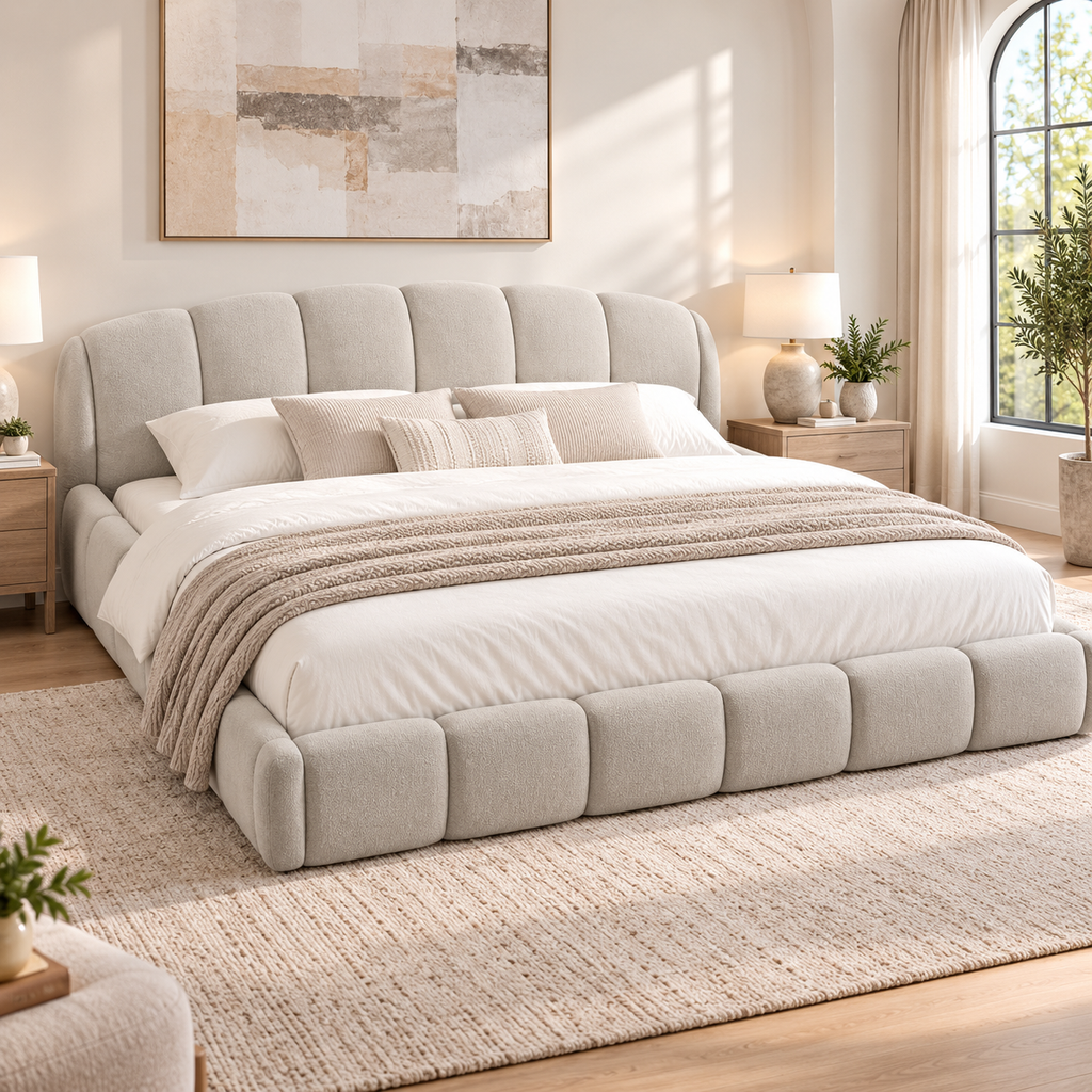 King Size Chenille Upholstered Platform Bed Frame, Curved Headboard & Wrapped Footboard, Low Profile Bed, Wood Slats, No Box Spring Needed, Beige