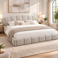 King Size Chenille Upholstered Platform Bed Frame, Curved Headboard & Wrapped Footboard, Low Profile Bed, Wood Slats, No Box Spring Needed, Beige