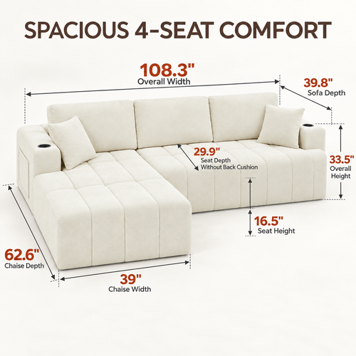 108-Inch L-Shaped Chenille Cloud Sectional Sofa with Chaise, No Assembly, Beige