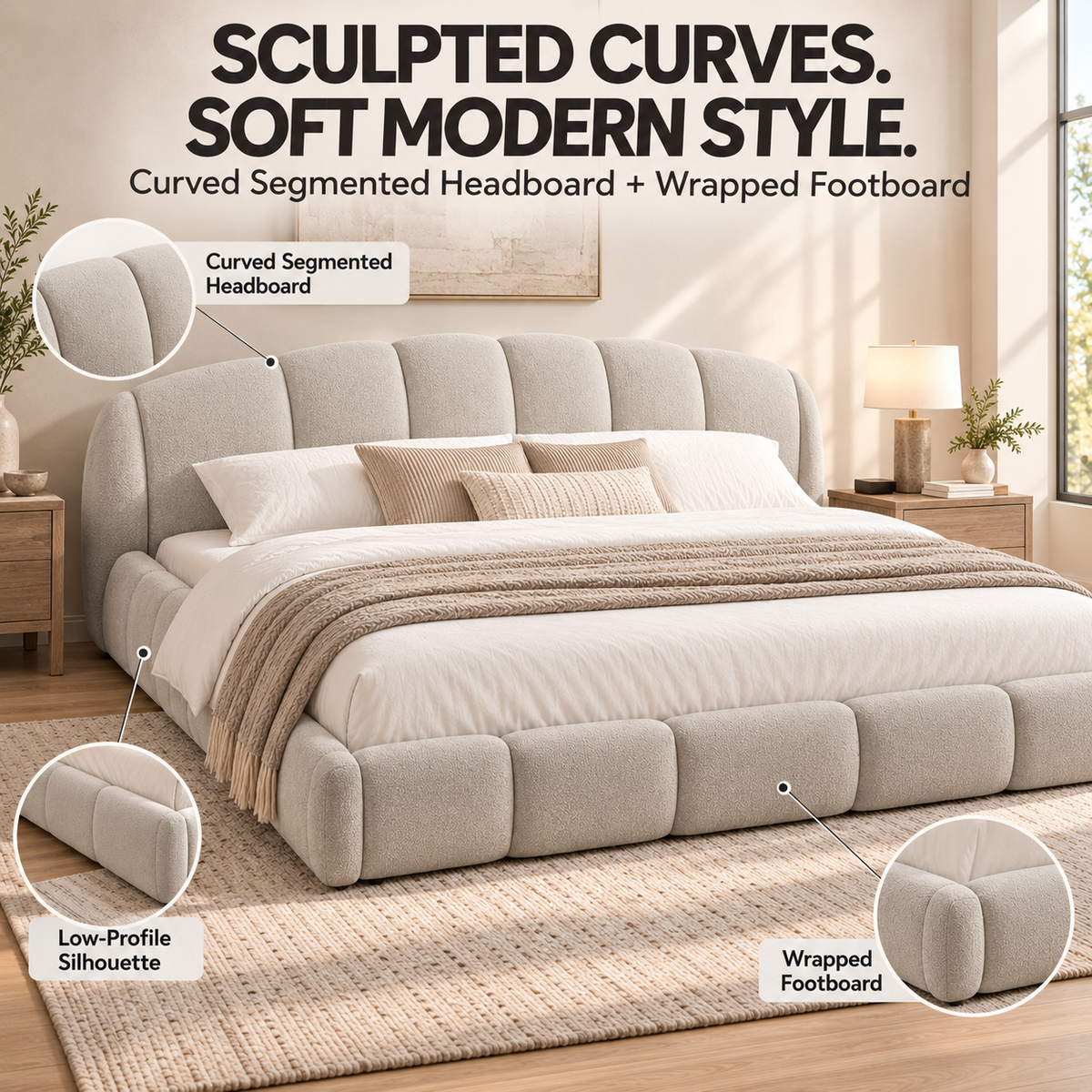 King Size Chenille Upholstered Platform Bed Frame, Curved Headboard & Wrapped Footboard, Low Profile Bed, Wood Slats, No Box Spring Needed, Beige