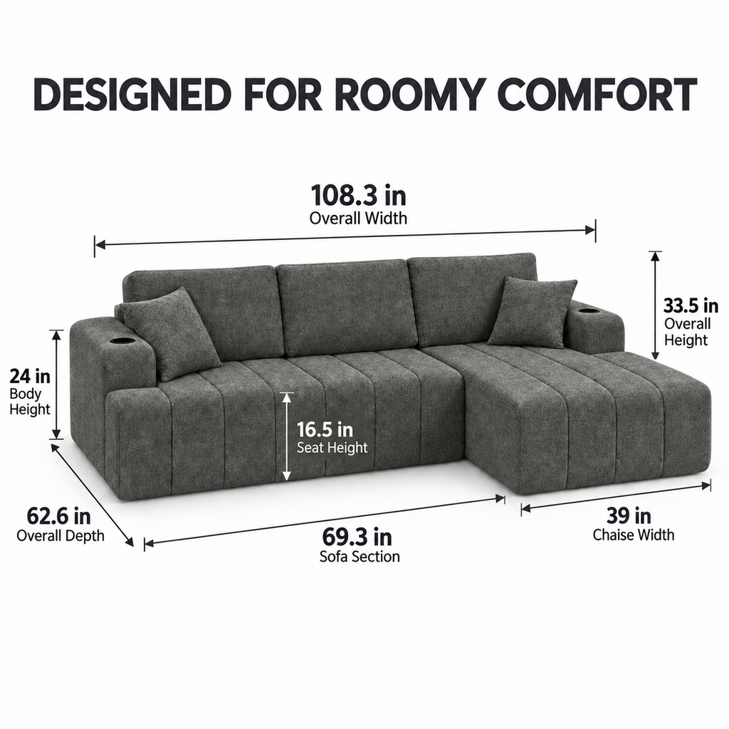 108-Inch L-Shaped Chenille Cloud Sectional Sofa with Chaise, No Assembly, Dark Gray